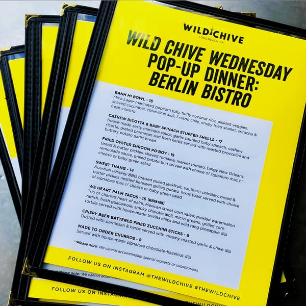 A close-up of The Wild Chive's vegan menu for their "Berlin Bistro" pop-up dinner.